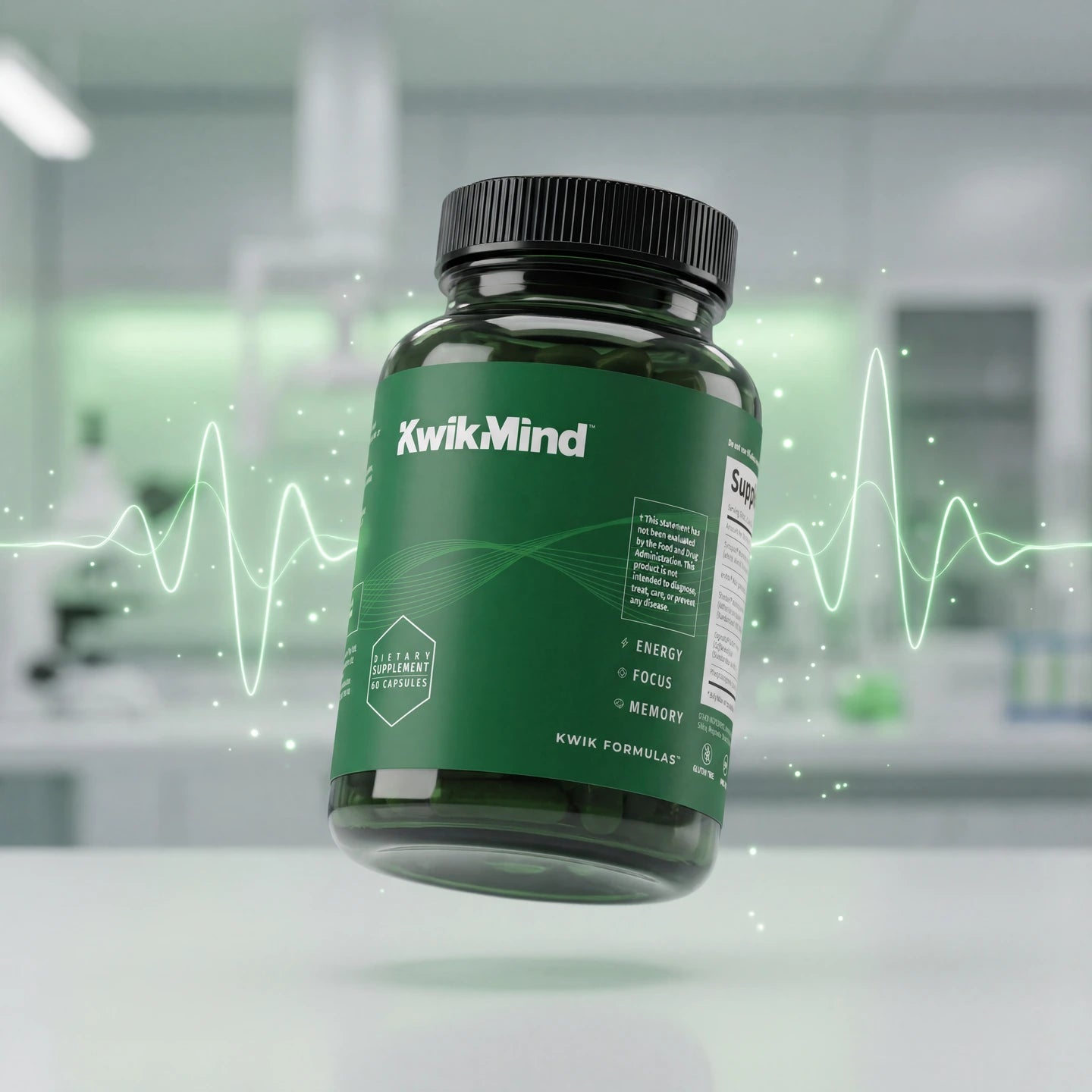 Kwik Mind bottle in a laboratory setting